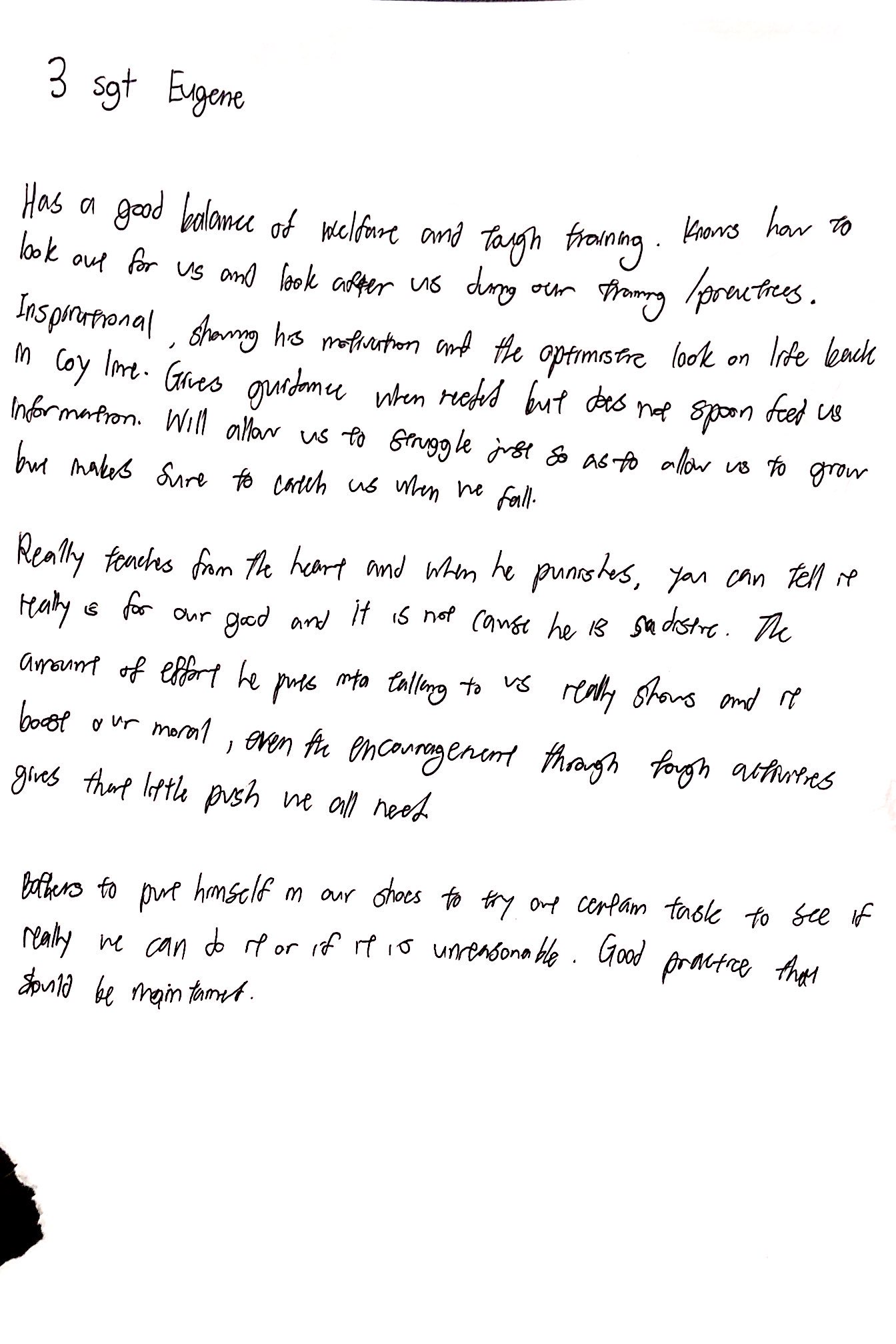 Handwritten note from a soldier in Eugene's platoon
